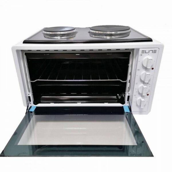 Готварска печка с конвекция Elite EMO-1209, 42 литра, Фурна:1300W, Два котлона: 2500W, Осветление, Двойно стъкло, Бял - Potrebno