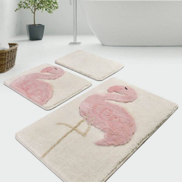 Комплект килими за баня Chilai Home 351ALS2004, 3 части, 100% антибактериални акрилни нишки, Розов - Potrebno