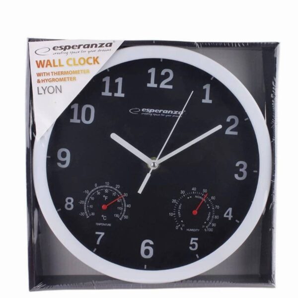 Стенен часовник Esperanza Lyon EHC016K, 25 см, Влагомер, Термометър, Черен - Potrebno