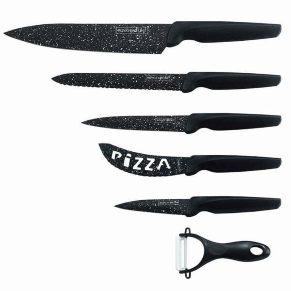 Комплект 5 ножа + белачка Royalty Line RL-MB5N, Мраморно покритие, Магнитна кутия, Черен - Potrebno