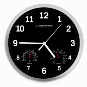 Стенен часовник Esperanza Lyon EHC016K, 25 см, Влагомер, Термометър, Черен - Potrebno