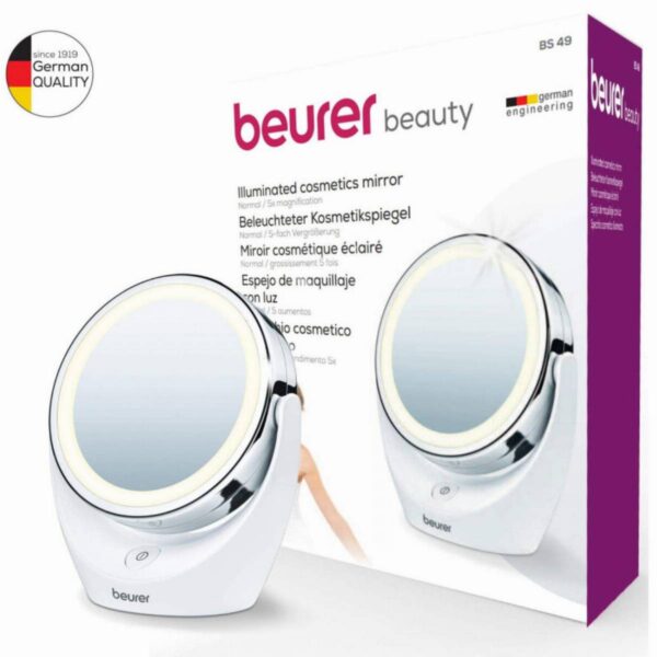 Козметично огледало Beurer BS 49, 11 см, LED светлина, Хромирано покритие, Въртящо, Бял - Potrebno