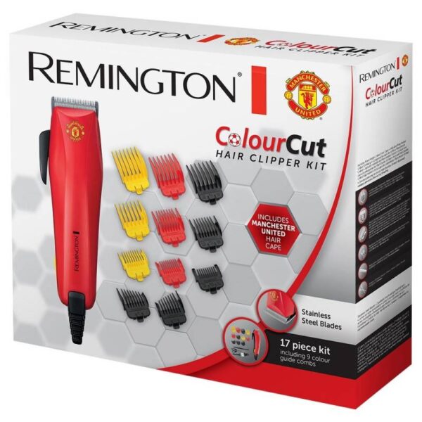 Машинка за подстригване Remington HC5038 ColorCut Manchester United, 11 гребена, Наметало за подстригване, Червена - Potrebno