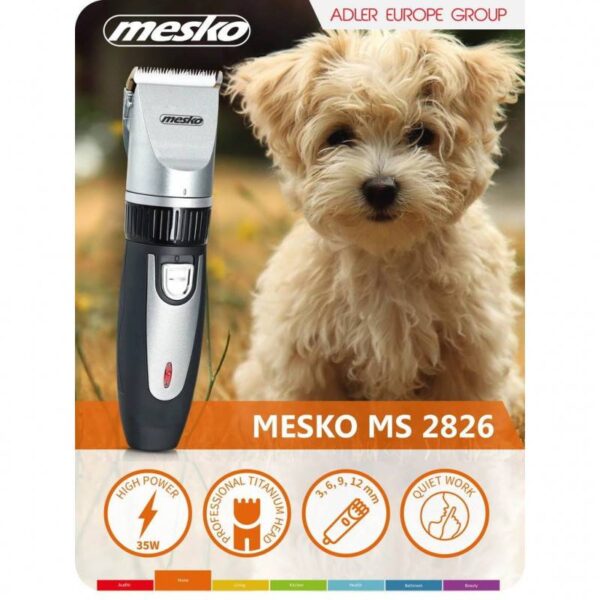 Машинка за подстригване на кучета Mesko MS 2826, 35W, Безжична, Титан с керамично острие, Черен/сребрист - Potrebno