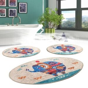 Комплект килими за баня Chilai Home 359CHL3241, 3 части, 100% антибактериални кадифени нишки, Многоцветен - Potrebno