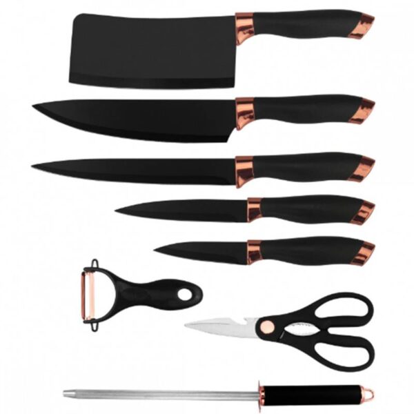 Комплект ножове с точило и ножица HausRoland HR621-1, 9 ч, Стойка, Черен/Розово злато - Potrebno