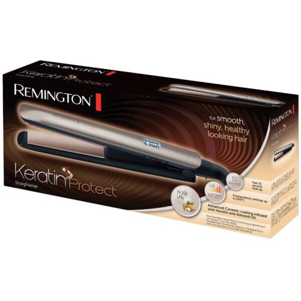Преса за коса Remington S8540 Keratin Protect, Керамични плочи, 9 температурни настройки, LCD дисплей, Бронз/Черен - Potrebno