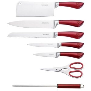 Комплект ножове с точило и ножица Royalty Line RL KSS804, 8 части, Поставка, Неръждаема стомана, Червен - Potrebno