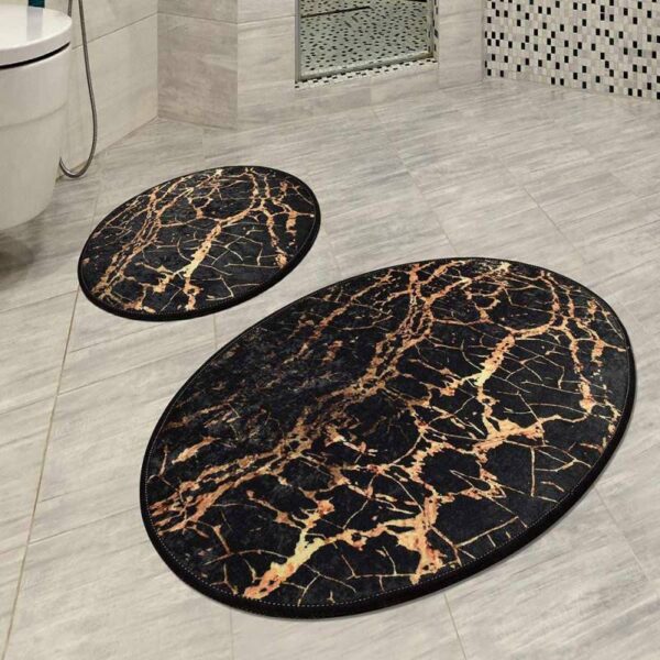 Комплект килими за баня Chilai Home 359CHL2402, 2 части, 100% антибактериална кадифена материя, Черен/златист - Potrebno