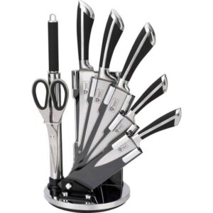 Комплект стоманени ножове на стойка Royalty Line RL-KSS700, 8 части, Точило и ножица, Черен/инокс - Potrebno
