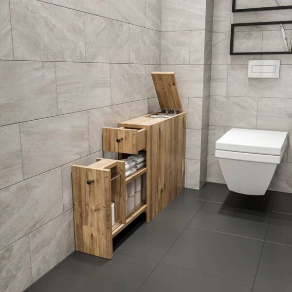 Шкаф за баня Kalune Design 854KLN3908, 19х60 см, 2 чекмеджета, Меламиново покритие, Кафяв - Potrebno