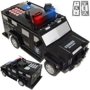 Касичка във формата на Полицейски автомобил, детски сейф, Светлини и цифров панел за код, 15 х 28 х 13 см