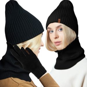 Зимен комплект, шапка, шал и ръкавици Trizand, 3 в 1, Универсални, Черни