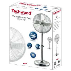 Вентилатор на стойка Techwood TVI-455, 50W, 3 скорости, 4 метални перки, Хромиран,Сребрист - Potrebno
