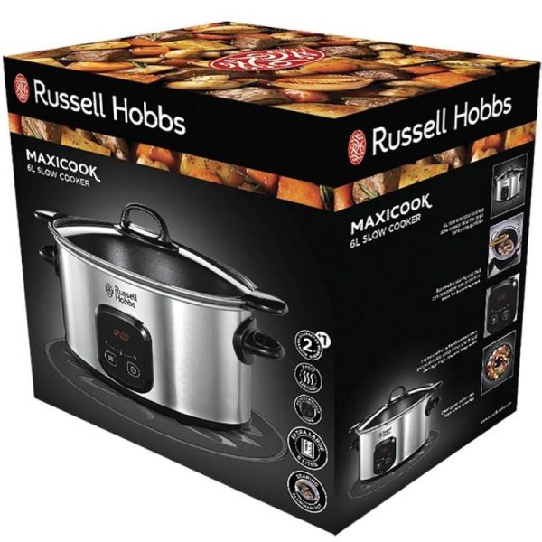 Уред за бавно готвене Russell Hobbs MaxiCook 22750-56, 200 W, 6 l, 3 температурни настройки, Таймер, Подвижна тенджера, Сребрист/черен - Potrebno