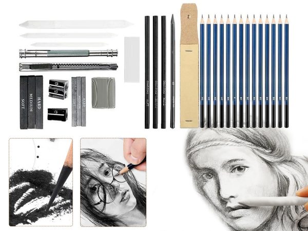 "Професионален комплект за рисуване на скици 32в1 - моливи, графити, въглени, острилки, гумички, калъф "