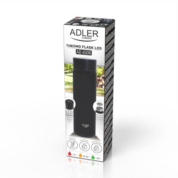 Термос с индикатор за температура Adler AD 4506bk, 473 ml, LED, Без BPA, Черен - Potrebno