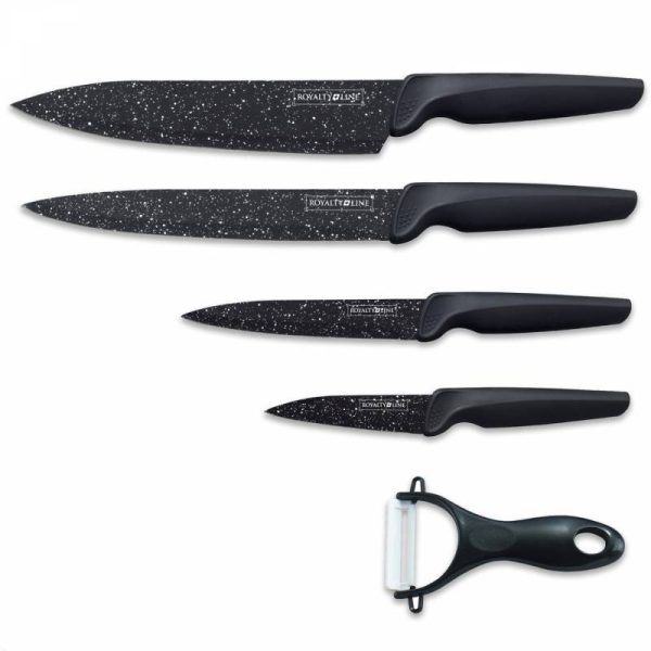 Комплект ножове в магнитна кутия Royalty Line RL-MB4, 5 части, Белачка, Мраморно покритие, Черен - Potrebno