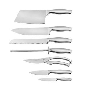 Комплект ножове HausRoland A-601C, 8 части, Точило и ножица, Дървена поставка, Инокс - Potrebno