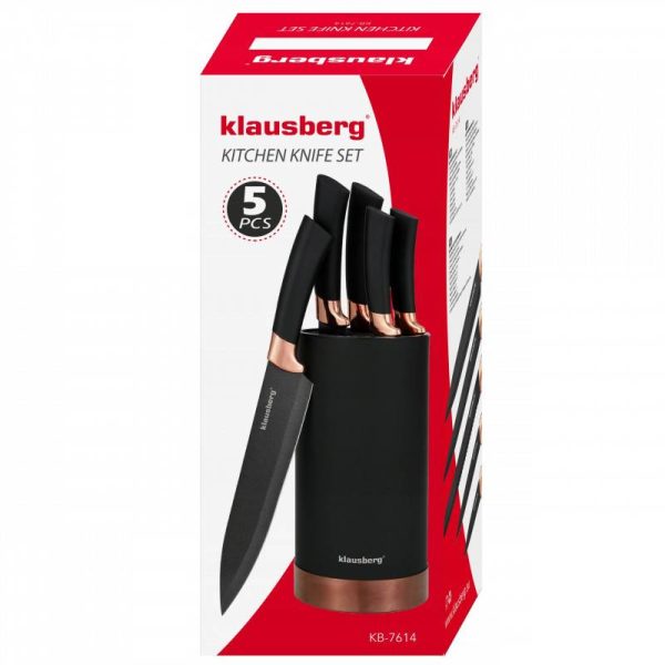 Комплект ножове със стойка Klausberg KB 7614, 6 ч, Неръждаема стомана, Черен/Мед - Potrebno