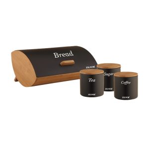 Комплект кутия за хляб и 3 броя бурканчета Zilner ZL-1109, Матово покритие, Бамбук и стомана, Черен