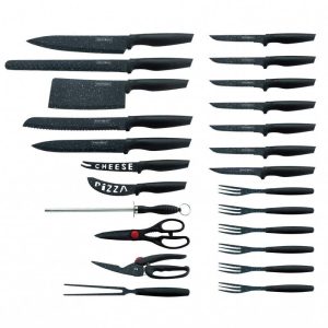 Комплект ножове и прибори за хранене Royalty Line RL-MB24B, 24 части, Антибактериално мраморно покритие, Луксозен дизайн, Черен - Potrebno