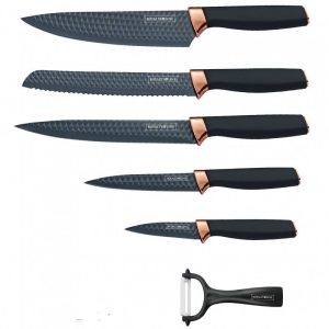 Комплект ножове Royalty Line RL-DC5B, 6 части, Белачка, Незалепващо покритие, Черен/сив - Potrebno