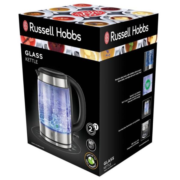 Стъклена електрическа кана с филтър Russell Hobbs Clarity 21600-57, 2200W, 1,7L, Осветена, Скрит нагревател, Автоматично изключване, Инокс - Potrebno